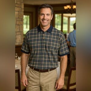 Vintage Highland Outfitters Men's Plaid Polo Shirt - Navy and Beige Sz Lg